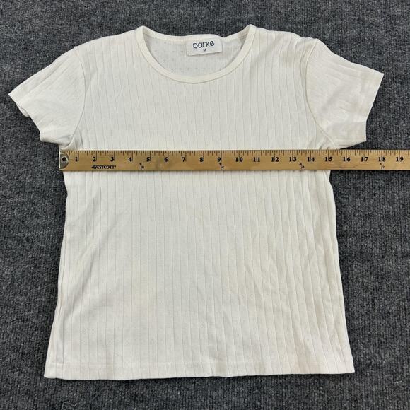 Parke Top Womens Medium Baby Tee White Ribbed Pointelle Knit Minimalist Comfy - Picture 7 of 10